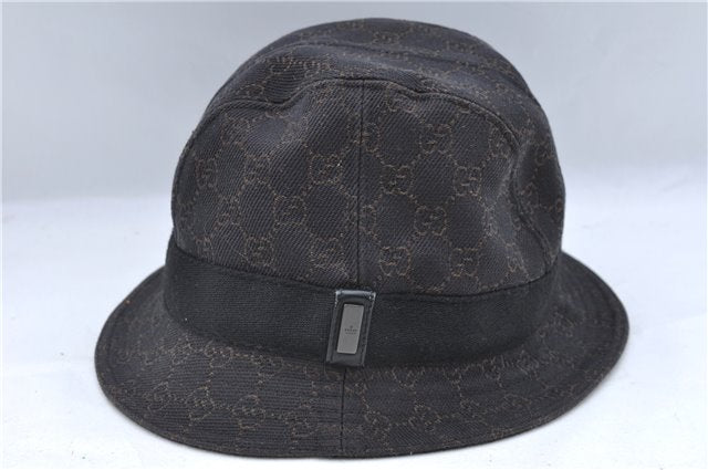 Authentic GUCCI Bucket Hat GG Cotton Leather Size L Brown Black J5252