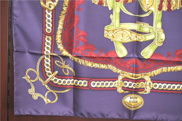 Authentic HERMES Carre 90 Scarf "BRIDE DE COUR" Silk Purple Box J5379