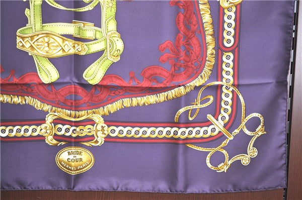 Authentic HERMES Carre 90 Scarf "BRIDE DE COUR" Silk Purple Box J5379