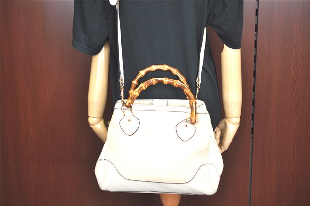 Authentic GUCCI Bamboo 2Way Shoulder Hand Bag Leathe 308360 Ivory J5410