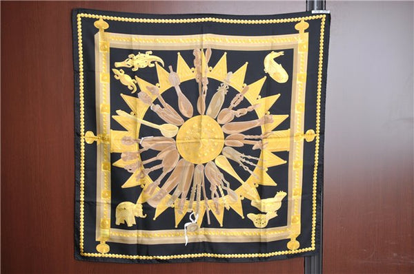 Authentic HERMES Carre 90 Scarf "CUILLERS D`AFRIQUE" Silk Black J5431