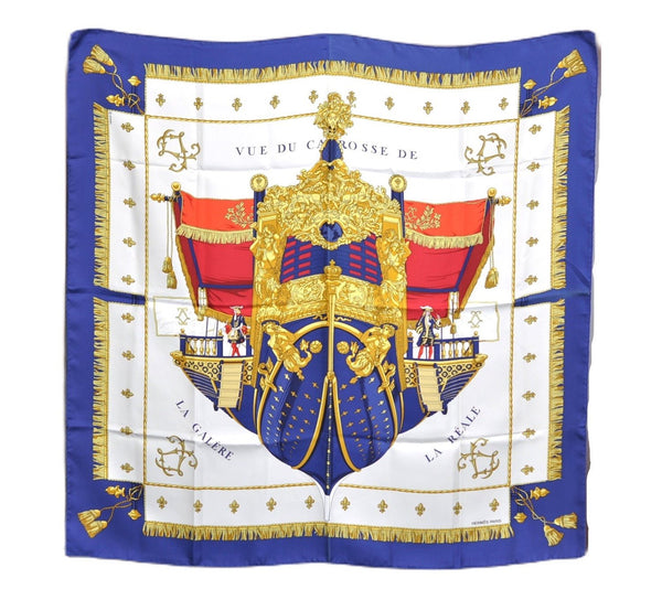 Auth HERMES Carre 90 Scarf "VUE DU CARROSSE DE LA GALERE LA" Silk Navy J5436