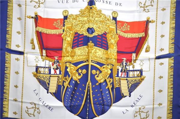 Auth HERMES Carre 90 Scarf "VUE DU CARROSSE DE LA GALERE LA" Silk Navy J5436