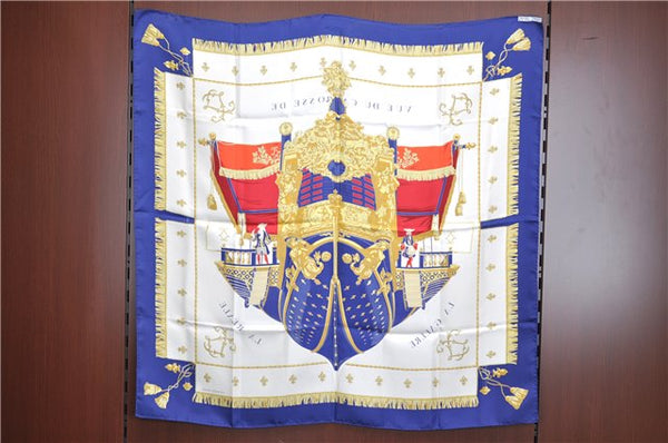 Auth HERMES Carre 90 Scarf "VUE DU CARROSSE DE LA GALERE LA" Silk Navy J5436