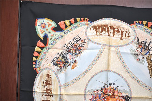 Authentic HERMES Carre 90 Scarf "CAVALIERS PEULS" Silk Black Box J5449