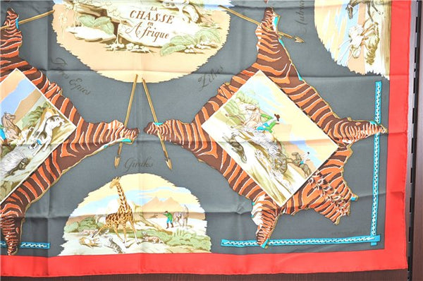 Authentic HERMES Carre 90 Scarf "LA CHASSE en Afrique" Silk Red PB J5476