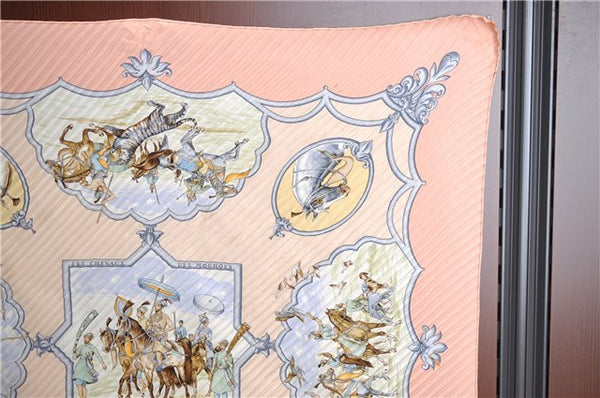 Authentic HERMES Pleats Scarf "LES CHEVAUX DES MOGHOLS" Silk Pink Box J5559