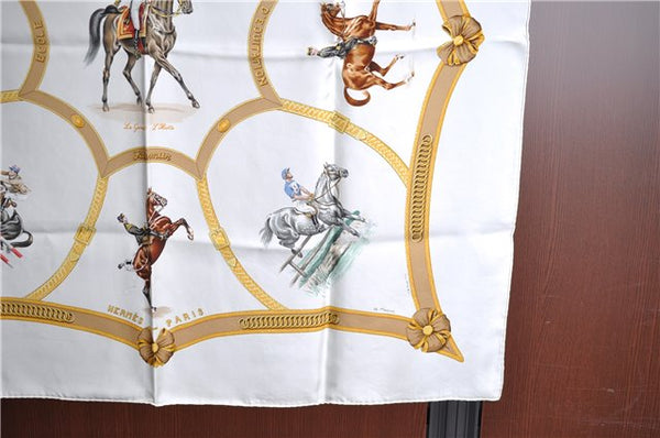 Authentic HERMES Carre 90 Scarf "ECOLE FRANCAISE D'EQUITATION" Silk White J5560