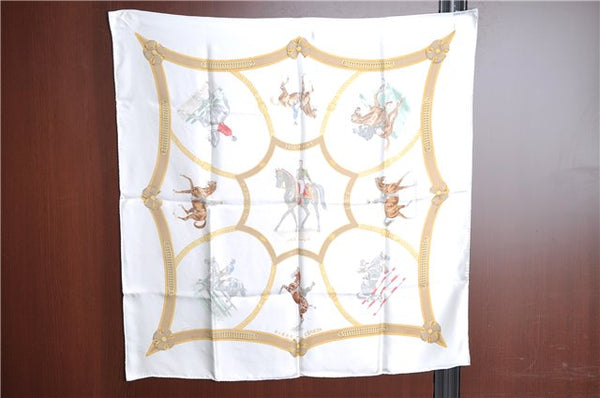 Authentic HERMES Carre 90 Scarf "ECOLE FRANCAISE D'EQUITATION" Silk White J5560