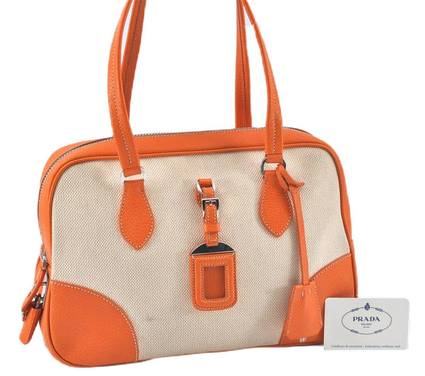 Authentic PRADA Canvas Leather Boston Shoulder Hand Bag Beige Orange J5561