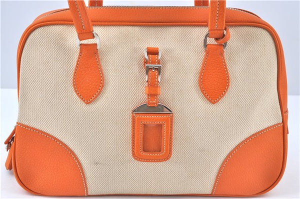 Authentic PRADA Canvas Leather Boston Shoulder Hand Bag Beige Orange J5561