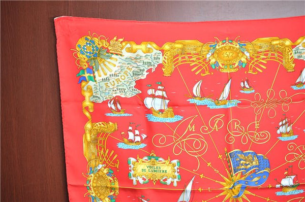 Authentic HERMES Carre 90 Scarf "VOILES DE LUMIERE" Silk Red Box J5597