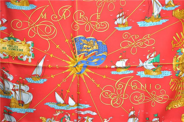 Authentic HERMES Carre 90 Scarf "VOILES DE LUMIERE" Silk Red Box J5597