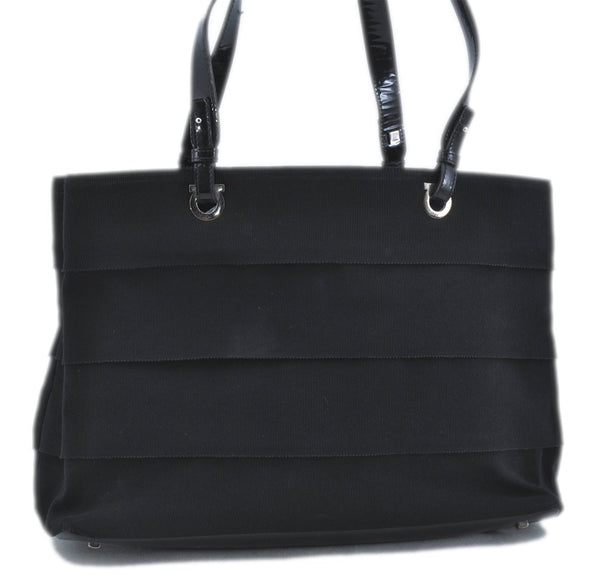 Authentic Ferragamo Nylon Leather Shoulder Hand Bag Black J5627