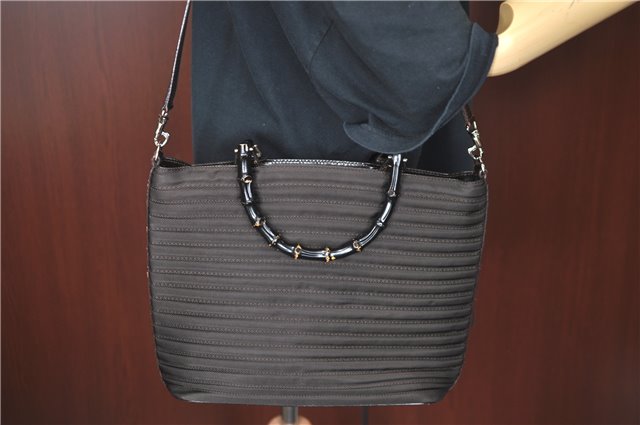 Authentic GUCCI Bamboo Nylon Leather 2way Shoulder Hand Bag Leather Brown J5642