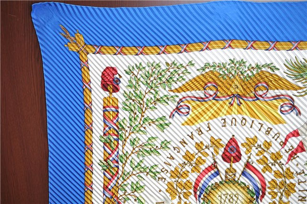 Authentic HERMES Pleats Scarf "LIBERTE EGALITE FRATERNITE" Silk Blue J5643