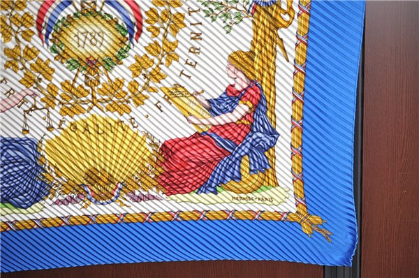 Authentic HERMES Pleats Scarf "LIBERTE EGALITE FRATERNITE" Silk Blue J5643