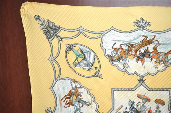 Authentic HERMES Pleats Scarf "Les Chevaux des Moghols" Silk Yellow J5652