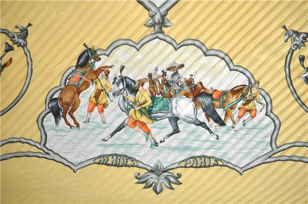 Authentic HERMES Pleats Scarf "Les Chevaux des Moghols" Silk Yellow J5652