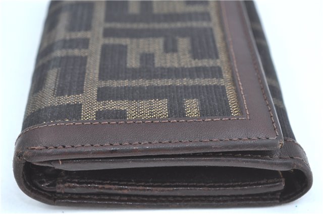 Authentic FENDI Zucca Bifold Wallet Purse Canvas Leather Brown Black J5672