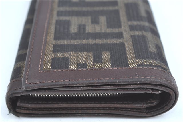 Authentic FENDI Zucca Bifold Wallet Purse Canvas Leather Brown Black J5672