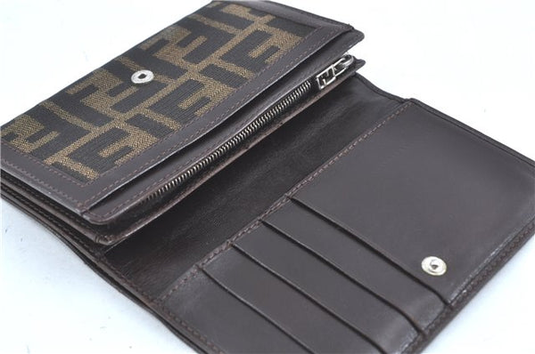 Authentic FENDI Zucca Bifold Wallet Purse Canvas Leather Brown Black J5672