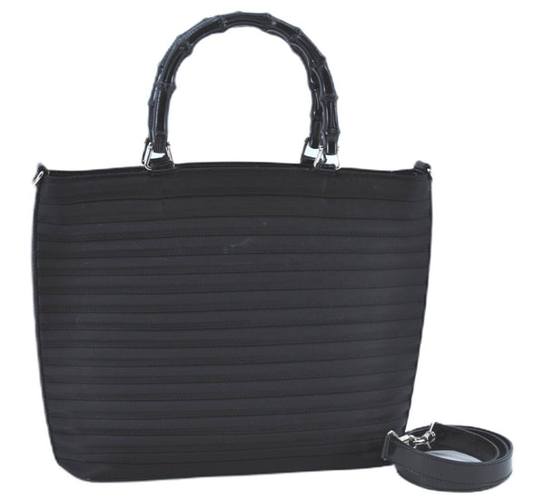 Authentic GUCCI Bamboo 2way Shoulder Cross Hand Bag Nylon Leather Black J5741