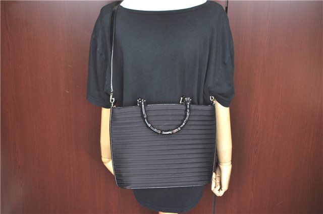 Authentic GUCCI Bamboo 2way Shoulder Cross Hand Bag Nylon Leather Black J5741