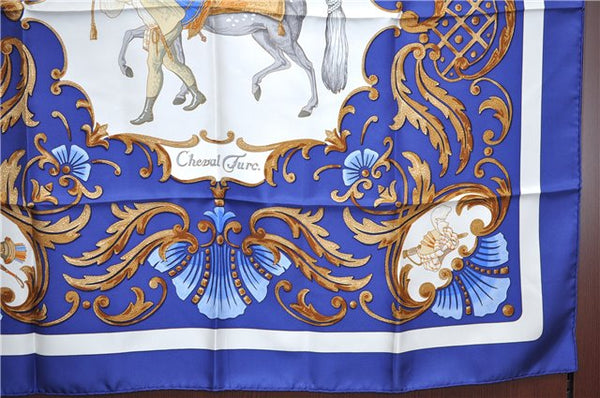 Authentic HERMES Carre 90 Scarf "Cheval Turc." Silk Blue Paper Bag J5792