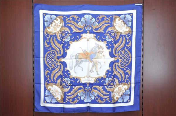 Authentic HERMES Carre 90 Scarf "Cheval Turc." Silk Blue Paper Bag J5792