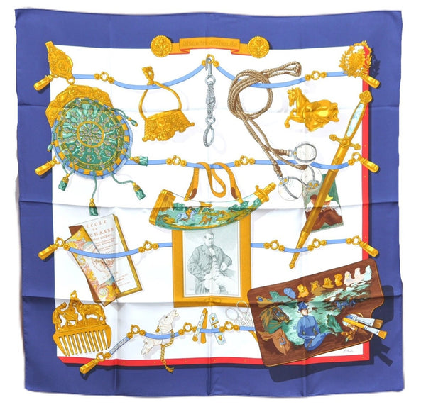 Authentic HERMES Carre 90 Scarf "Memoire d'Hermes" Silk Navy Blue Box J5797