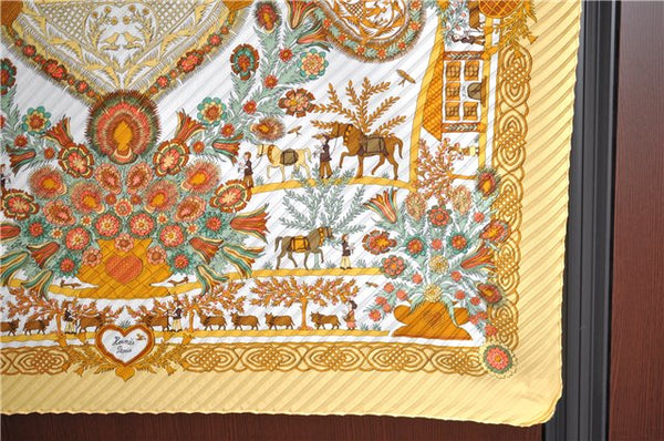 Authentic HERMES Pleats Scarf "Decoupages" Silk Light Yellow Box J5829