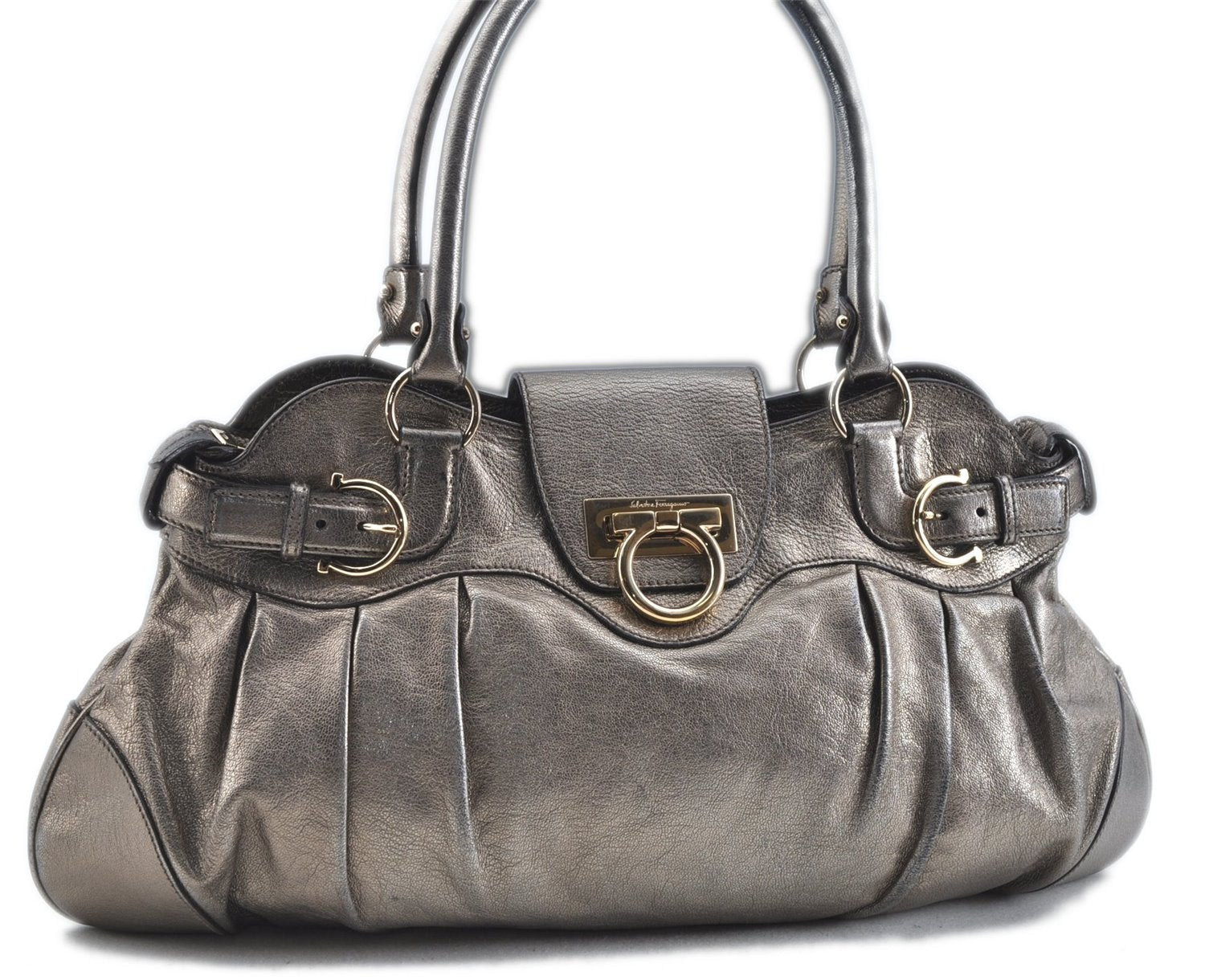 Authentic Ferragamo Gancini Leather Shoulder Bag Purse Silver J5869
