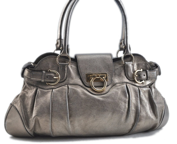 Authentic Ferragamo Gancini Leather Shoulder Bag Purse Silver J5869