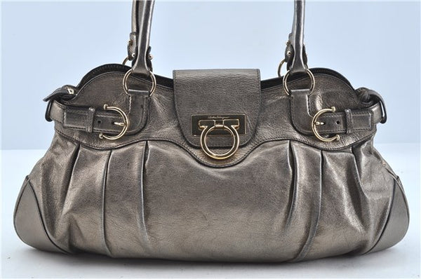 Authentic Ferragamo Gancini Leather Shoulder Bag Purse Silver J5869