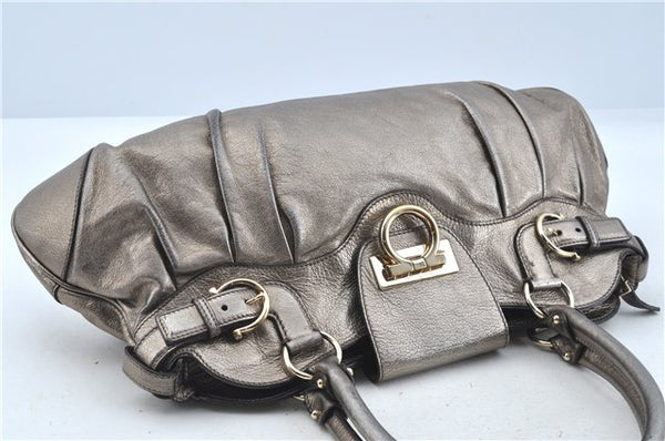 Authentic Ferragamo Gancini Leather Shoulder Bag Purse Silver J5869