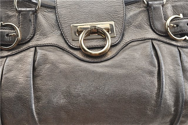Authentic Ferragamo Gancini Leather Shoulder Bag Purse Silver J5869