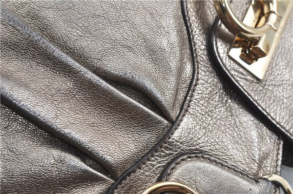 Authentic Ferragamo Gancini Leather Shoulder Bag Purse Silver J5869