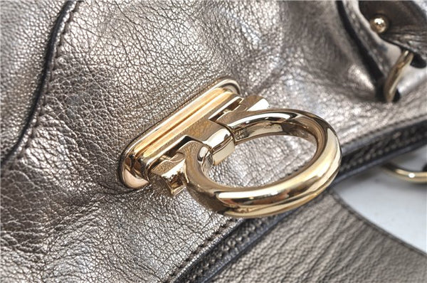 Authentic Ferragamo Gancini Leather Shoulder Bag Purse Silver J5869