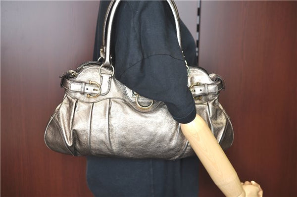 Authentic Ferragamo Gancini Leather Shoulder Bag Purse Silver J5869
