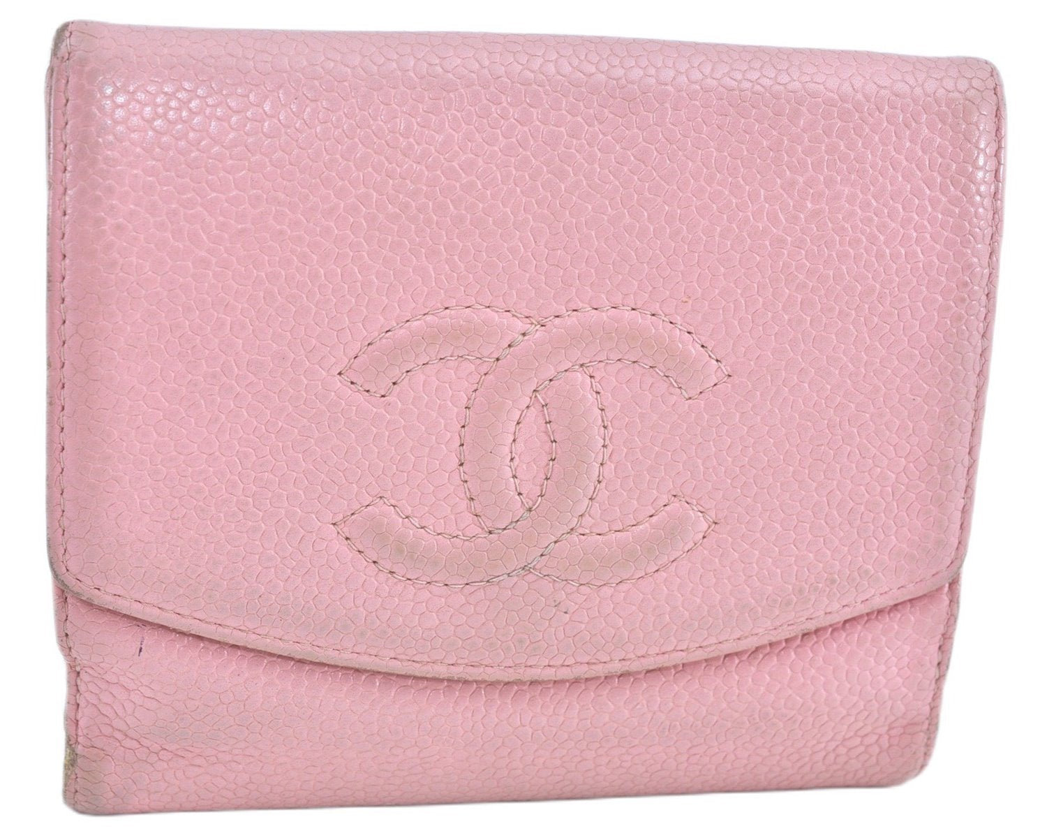 Authentic CHANEL Caviar Skin CC Logo Bifold Wallet Purse Light Pink J5893