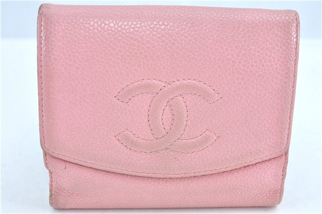 Authentic CHANEL Caviar Skin CC Logo Bifold Wallet Purse Light Pink J5893