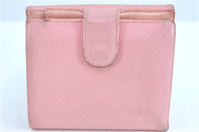 Authentic CHANEL Caviar Skin CC Logo Bifold Wallet Purse Light Pink J5893