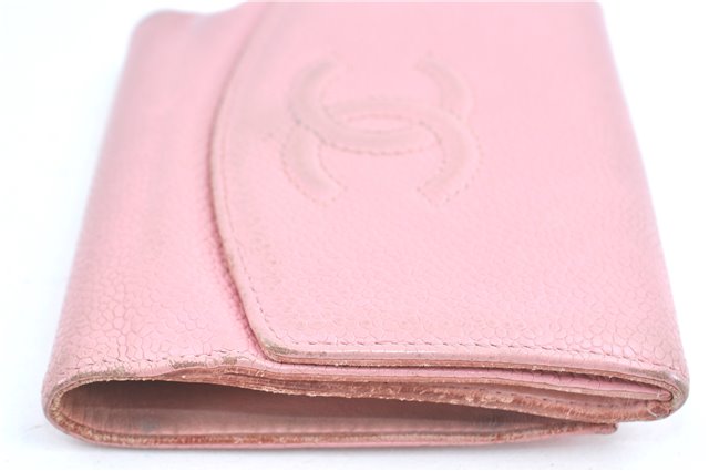 Authentic CHANEL Caviar Skin CC Logo Bifold Wallet Purse Light Pink J5893