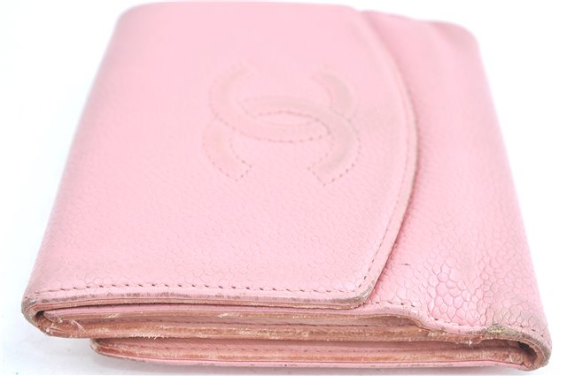 Authentic CHANEL Caviar Skin CC Logo Bifold Wallet Purse Light Pink J5893