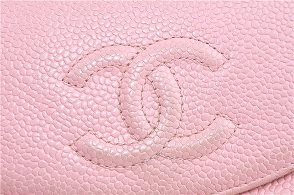 Authentic CHANEL Caviar Skin CC Logo Bifold Wallet Purse Light Pink J5893