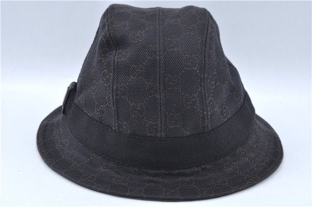 Authentic GUCCI Bucket Hat GG Canvas Leather Size L Brown Black J5906