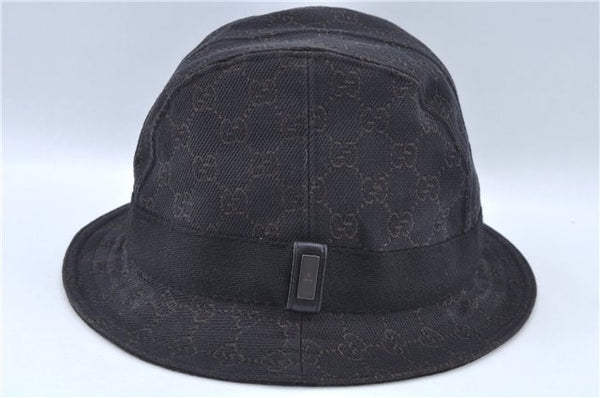 Authentic GUCCI Bucket Hat GG Canvas Leather Size L Brown Black J5906