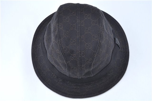 Authentic GUCCI Bucket Hat GG Canvas Leather Size L Brown Black J5906