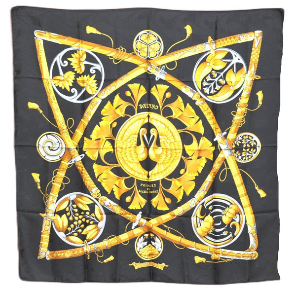 Authentic HERMES Carre 90 Scarf "Princes Du Soleil Levant" Silk Black J5908